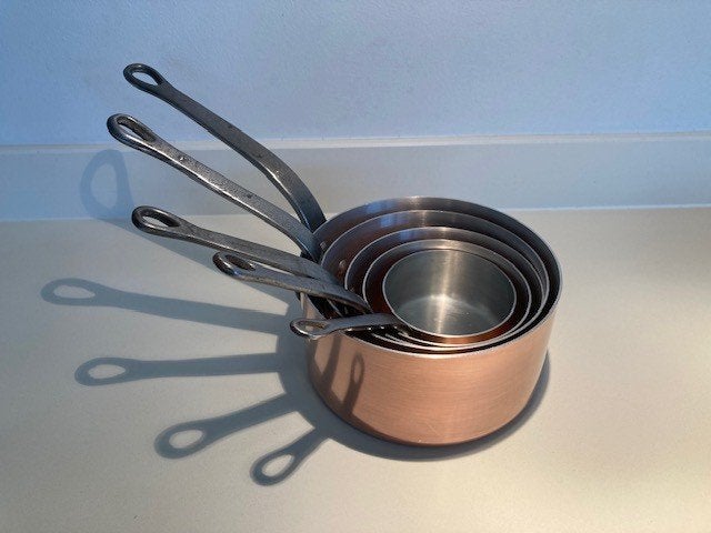 Vintage set van 5 Franse koperen casseroles/steelpannen, Ophalen of Verzenden, Koper