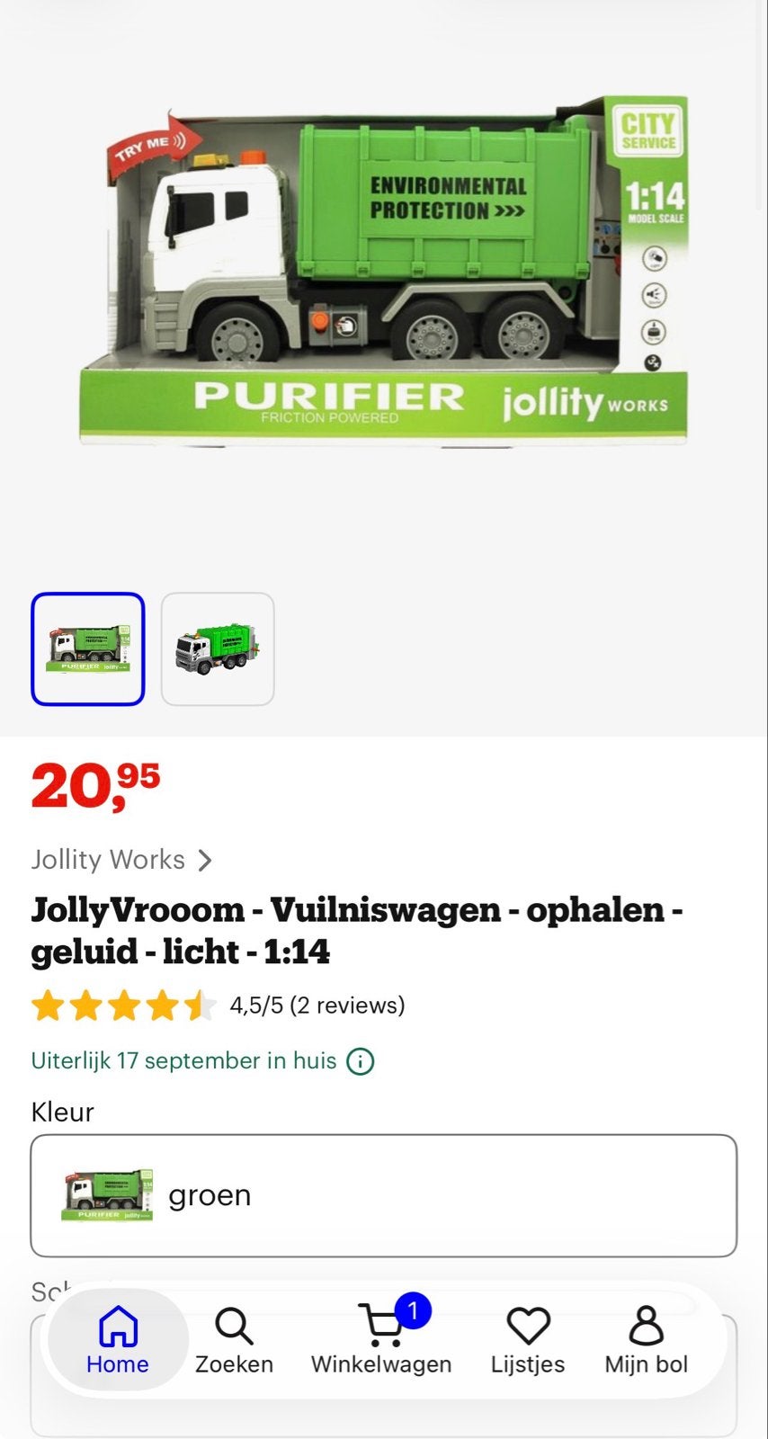 Jolly Vroom Vuilniswagen met geluid en licht 1:14, Ophalen of Verzenden, Zo goed als nieuw