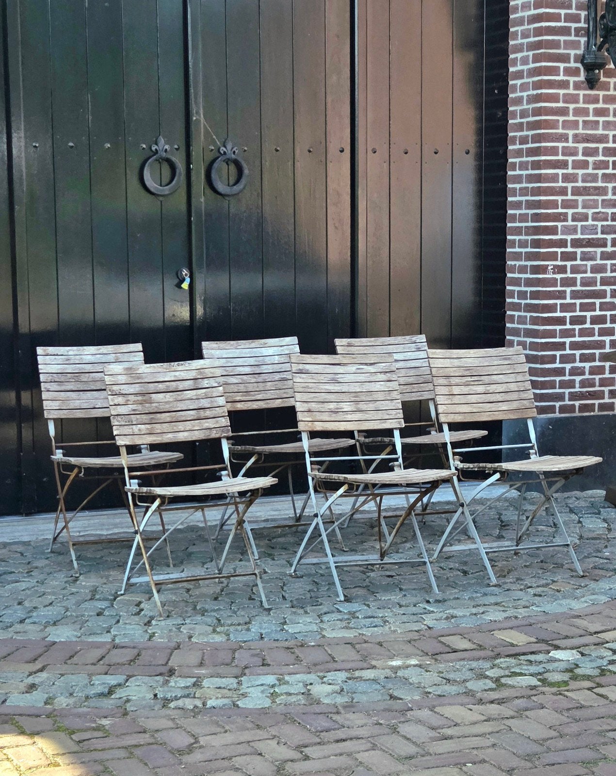 6 gietijzer hout bistrostoelen tuinstoelen inklapbaar !, Ophalen, Gebruikt, Wasrek