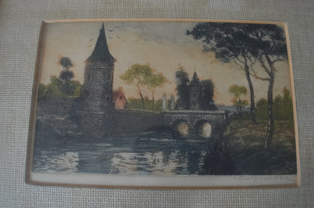 Antiek ingekleurde ets een kasteel aan het water, gesigneerd, 10 cm, Gesigneerd, Ets, Architectuur