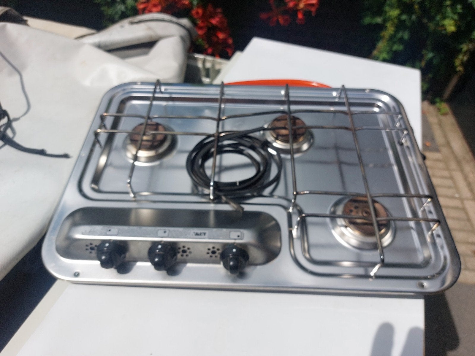 Driepits gasstel met drukregelaar, inbouw, Caravans en Kamperen, Ophalen, Gebruikt