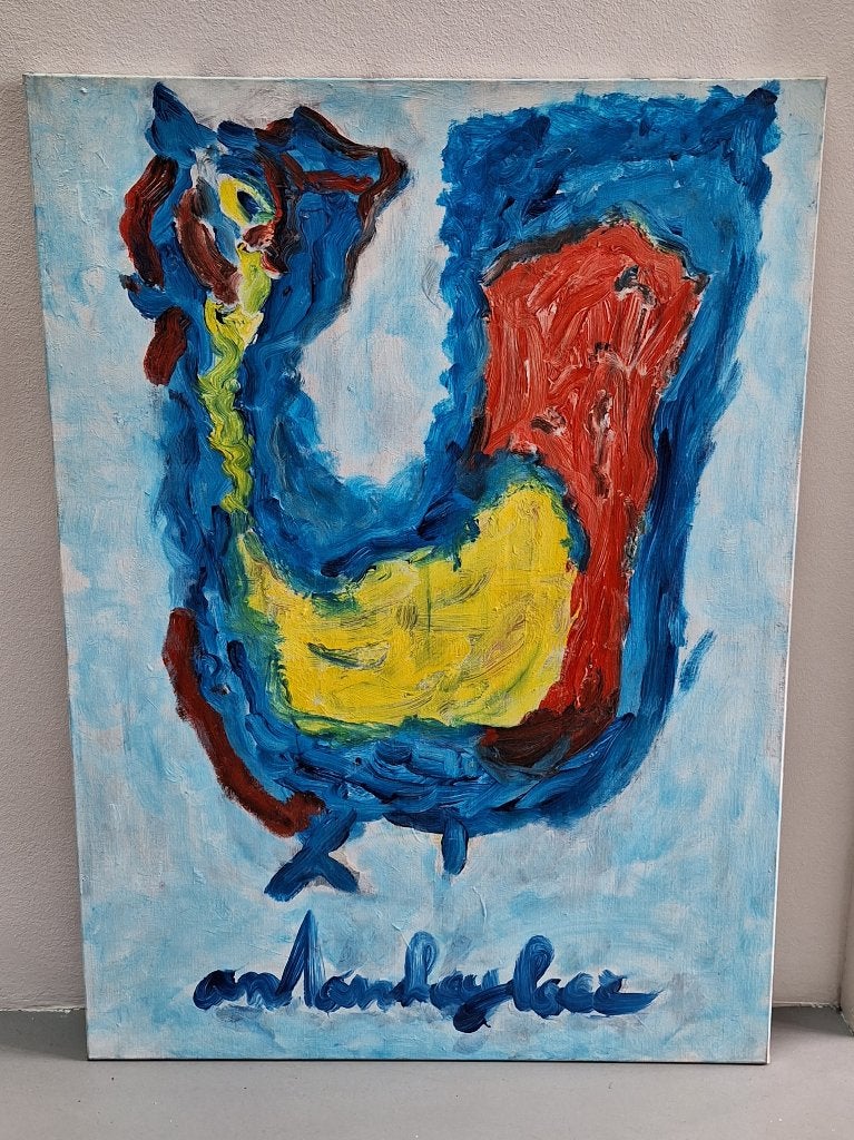 Anton Heyboer schilderij kip oervogel afmeting 80x110cm, Antiek en Kunst, Ophalen, Textiel, Op houten frame, Dieren