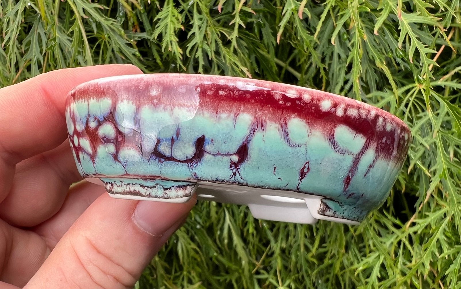 Bonsai schaal handgemaakt Bordeaux-Turquoise 9,5x7,8x2,6, Nieuw, Ophalen of Verzenden, Overige vormen, Aardewerk