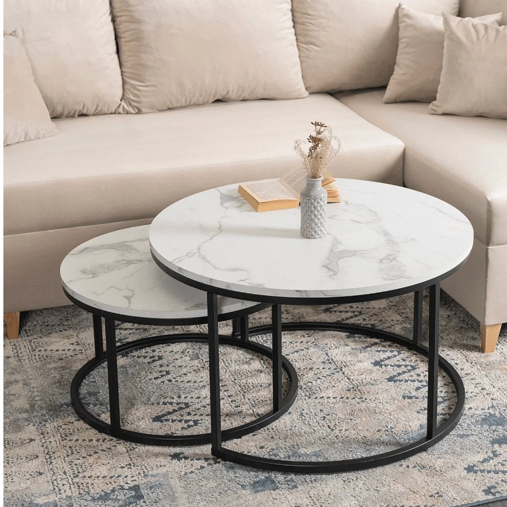 Home Heaven Salontafel Rond Zwart met Wit Marmer Look, 50 tot 100 cm, Overige materialen, Rond, Zo goed als nieuw