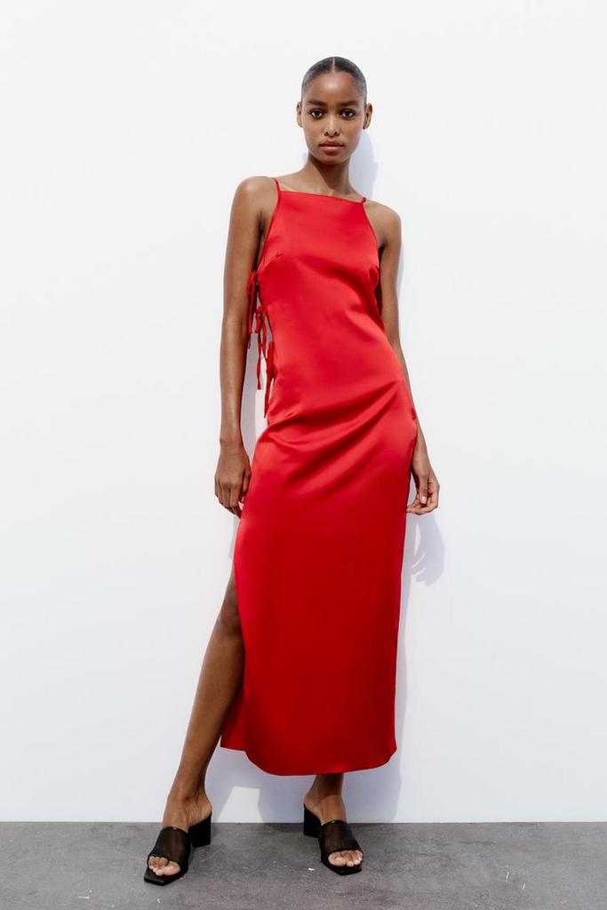 Dames Zara satijnachtige jurk met strikken rood satijn top S, Galajurk, Nieuw, Ophalen of Verzenden, Maat 36 (S)