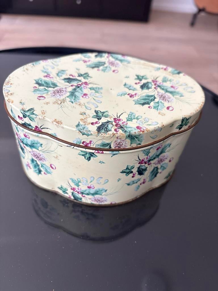 Vintage Kerst Blikken Doos met Hulstmotief, Ophalen