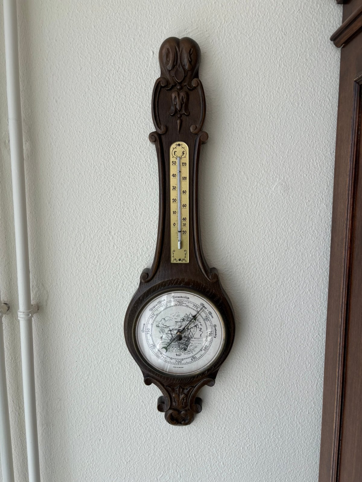 Antieke wandbarometer met thermometer., Audio, Tv en Foto, Weerstations en Barometers, Ophalen of Verzenden, Zo goed als nieuw