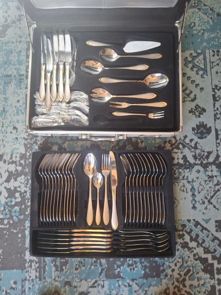 Luxe Bestekset in Koffer - 72-delig, Goudkleurige Details, Ophalen of Verzenden