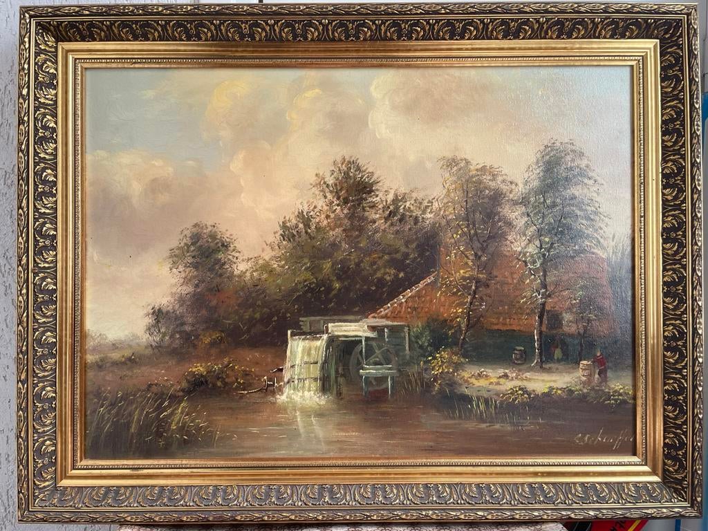 Schilderij van landschap met certificaat van S. Schaeffer, Antiek en Kunst, Ophalen of Verzenden