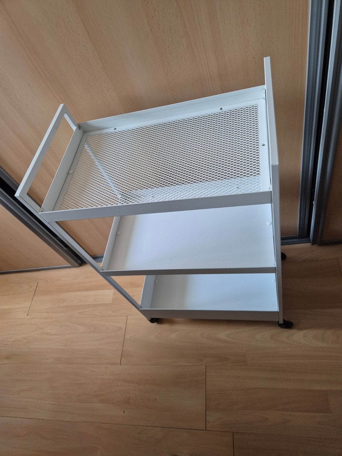 Wit metalen trolley met 3 planken en wielen, Ophalen of Verzenden
