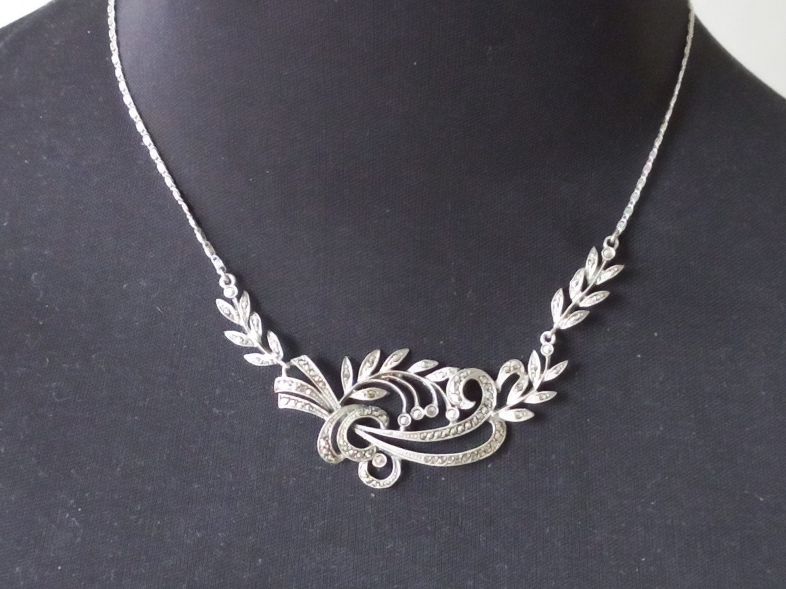 Art déco zilveren hals ketting met markasiet - 40 cm, Sieraden, Tassen en Uiterlijk, Antieke sieraden, Ophalen of Verzenden, Zilver
