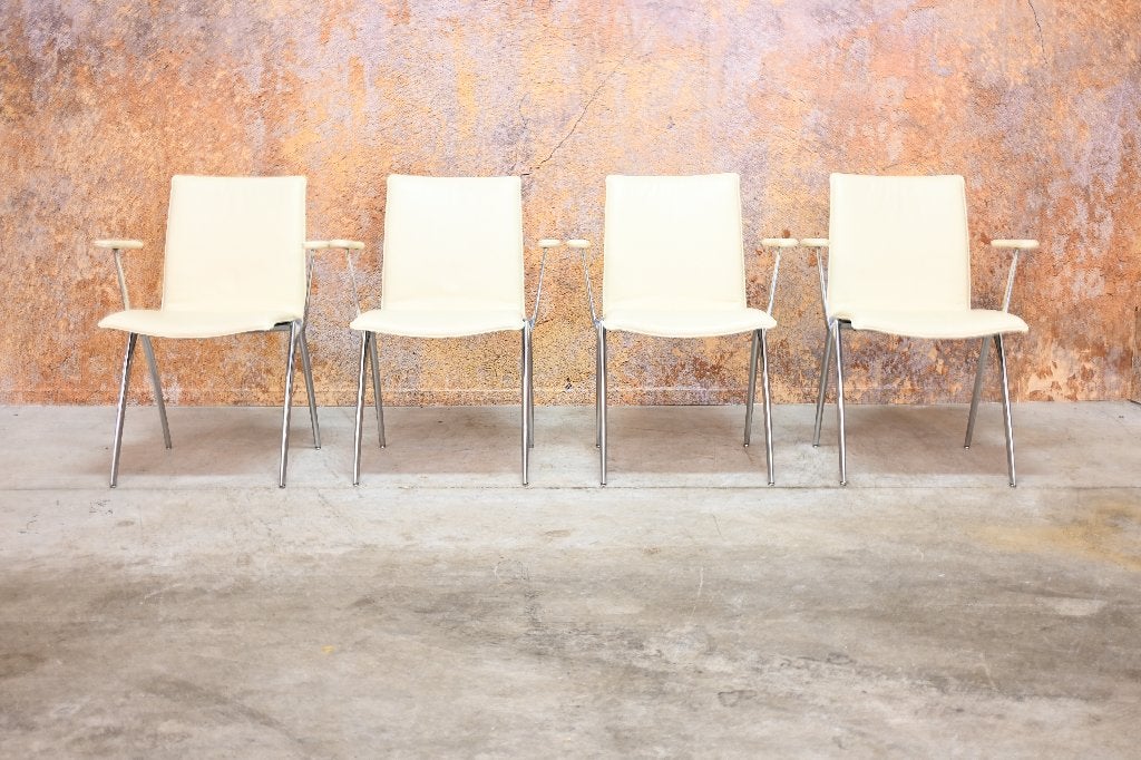 ZGANieuw 4 cremekleurige leren Leolux Natello design stoelen, Leolux, Leolux, Wit, Ophalen of Verzenden
