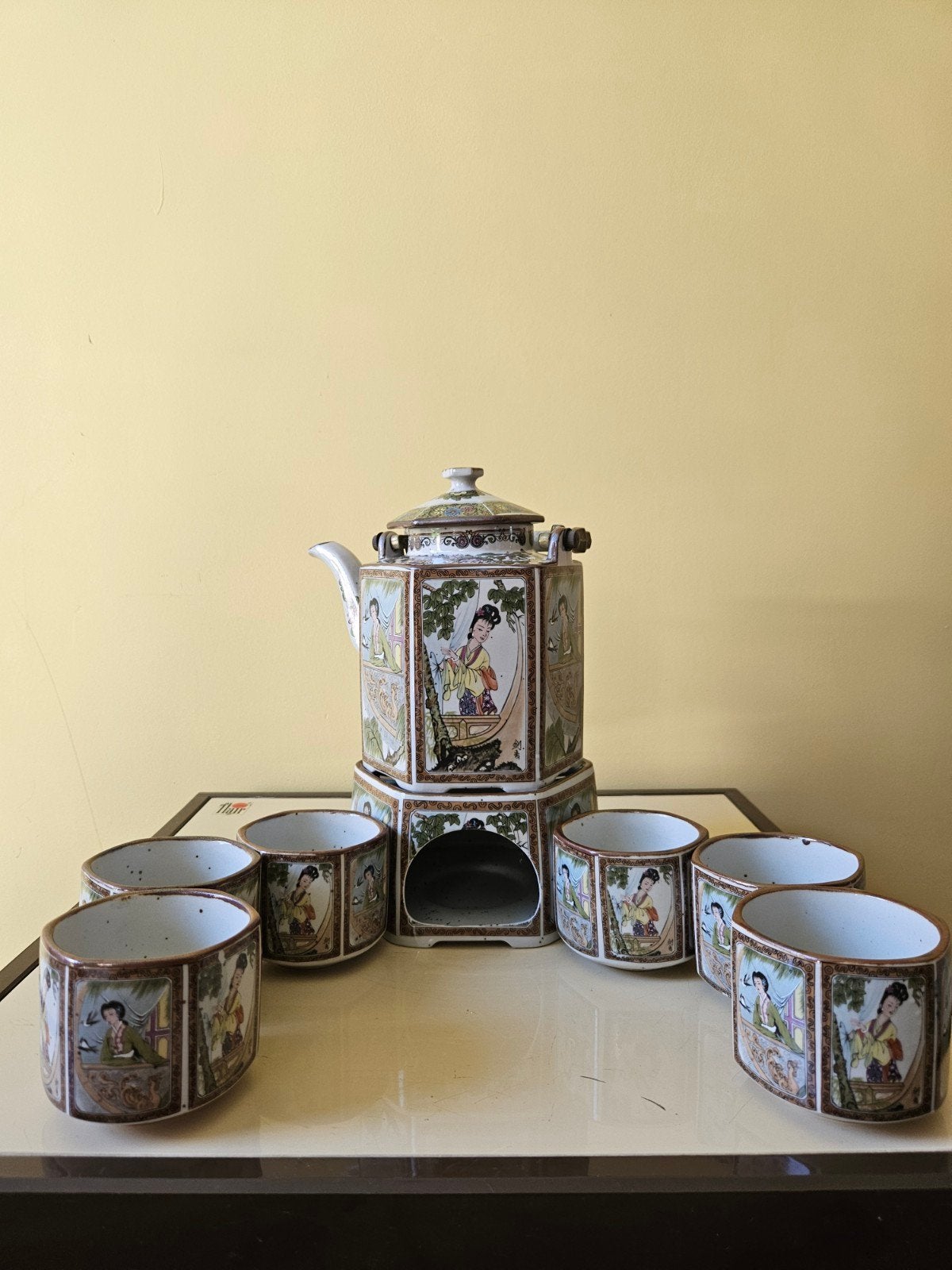 Vintage Chinees theeservies met theepot en 6 kopjes, Ophalen of Verzenden