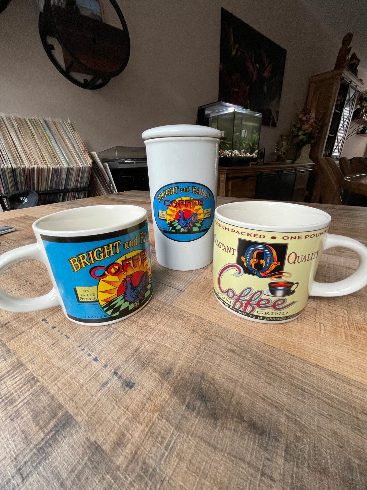 Bright and Early Coffee' Mokken en voorraadbus, Keramiek, Vintage, Ophalen of Verzenden, Zo goed als nieuw