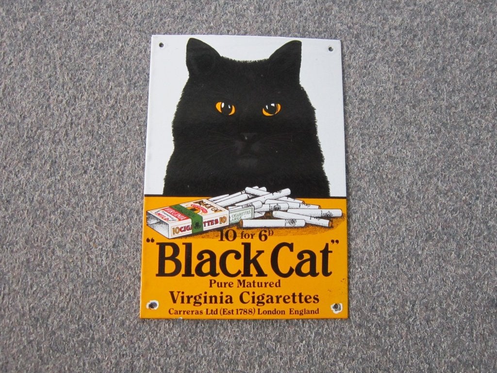 BLACK CAT EMAILLE RECLAMEBORD, Ophalen, Gebruikt, Reclamebord