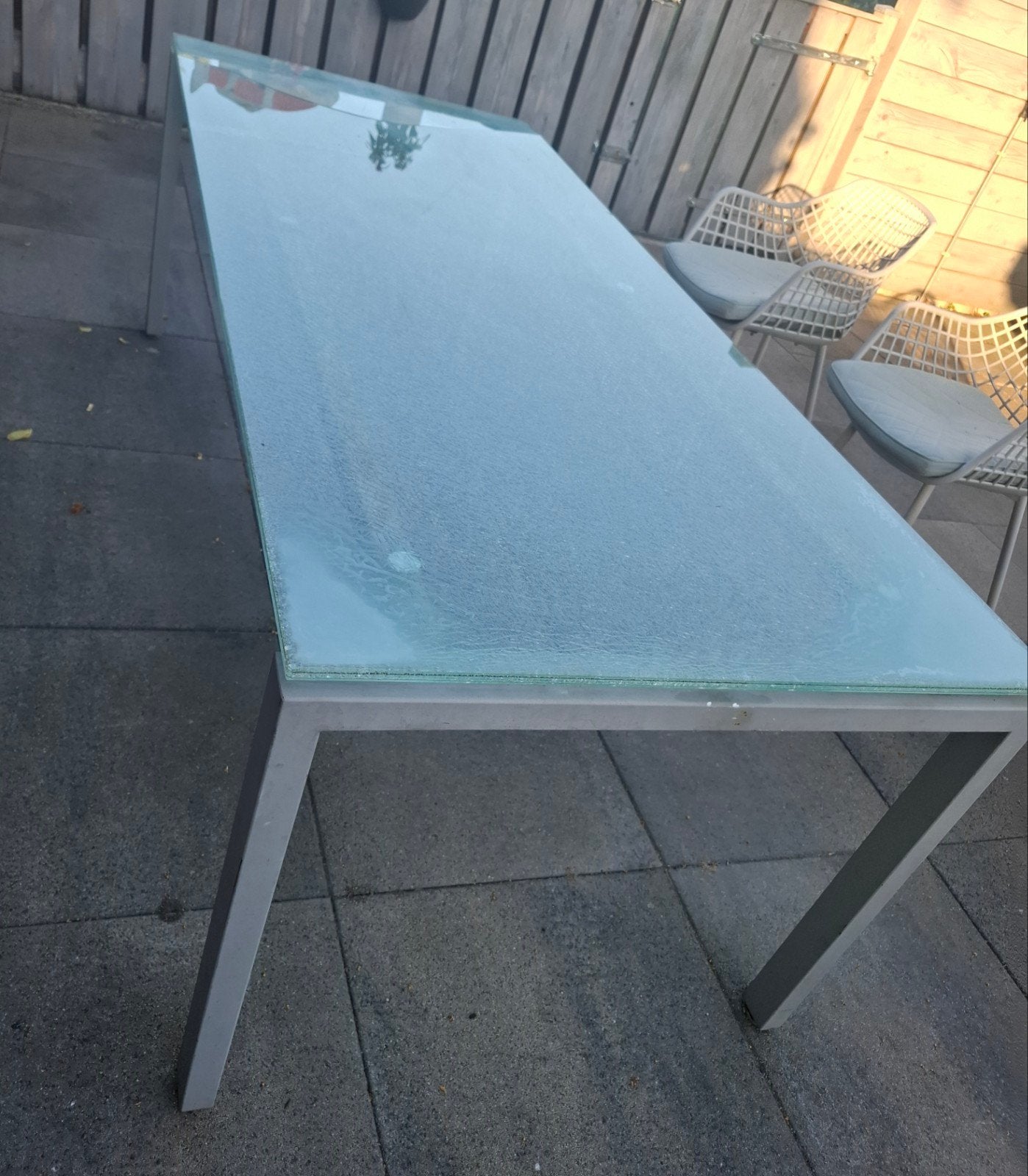 Tuintafel met craquelé glasplaat (210x90 cm) - gratis, Ophalen, Gebruikt, Rechthoekig, Aluminium