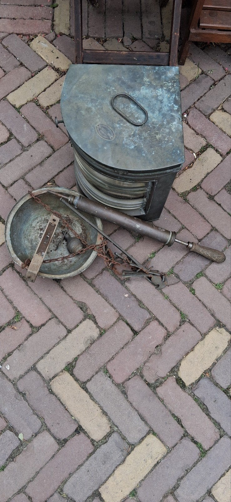 Koperen Weegschaal, Scheepslamp,  Oliespuit, Waterpas., Ophalen of Verzenden