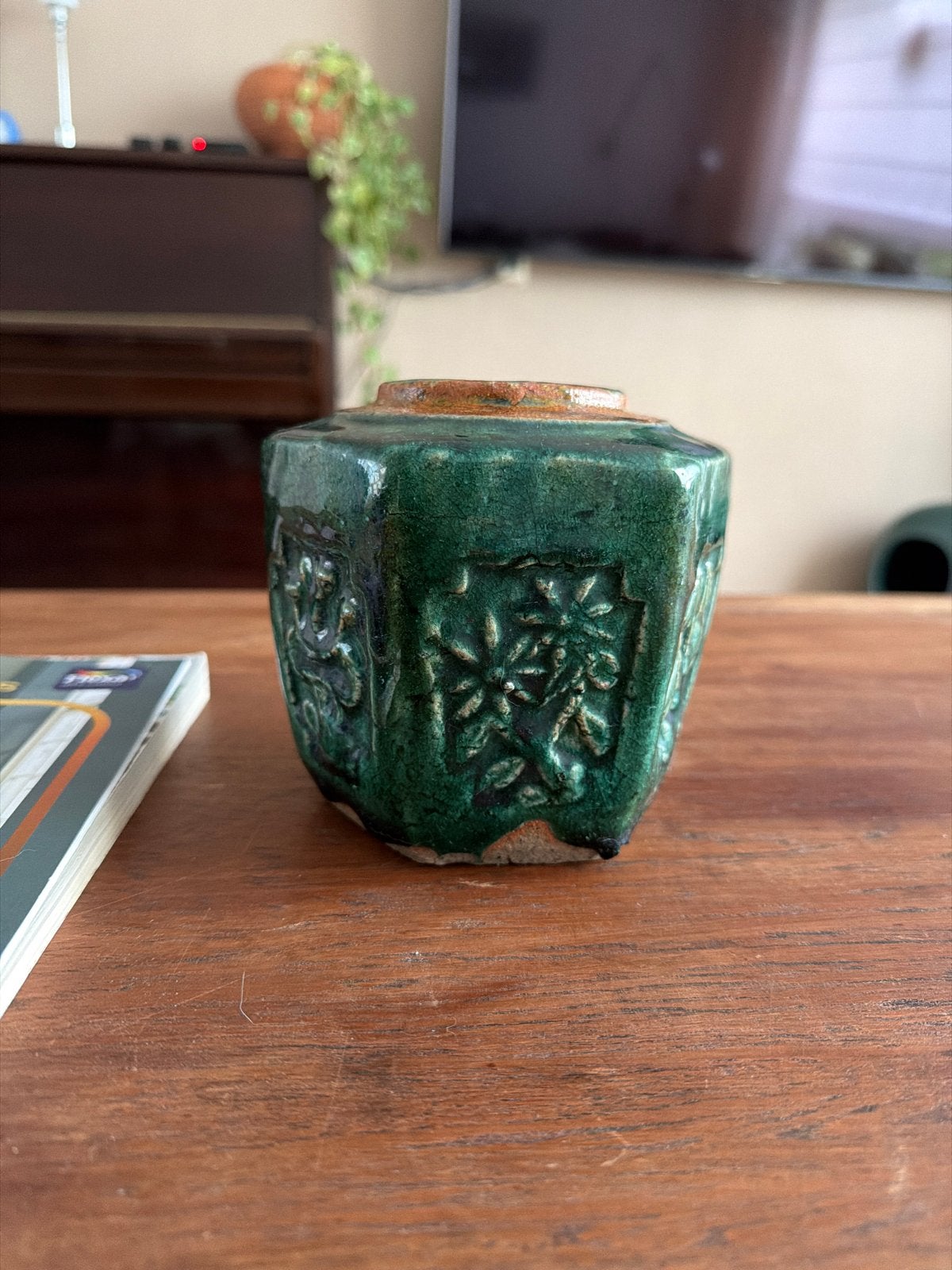Antieke zeshoekige groene keramische Chinese gemberpot, Ophalen of Verzenden