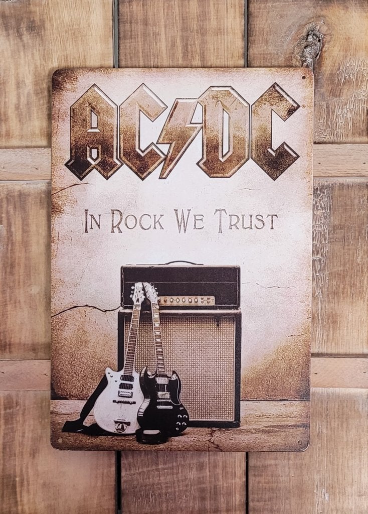 ACDC in rock we trust reclamebord van metaal wandbord deco, Info@deconoord.nl, Deco Noord, Nieuw, Ophalen of Verzenden