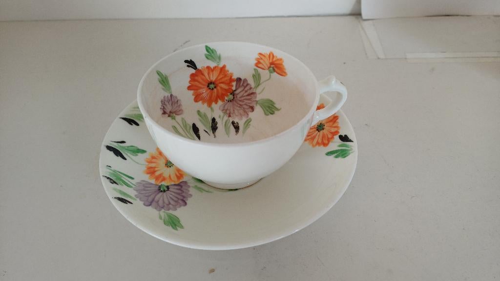 Kopje en schotel oranje paarse bloemen Plant Tuscan China, Ophalen