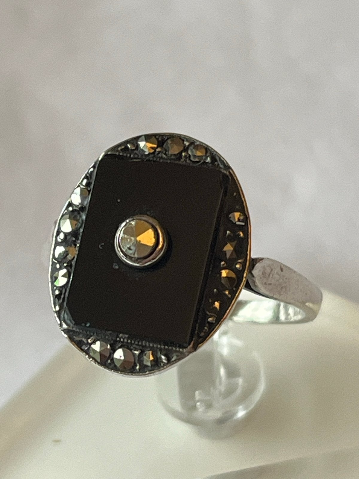 Art Deco Zilveren Ring met Onyx en Marcasieten, Maat 17,25, Sieraden, Tassen en Uiterlijk, Ringen, Verzenden, Zwart, Zo goed als nieuw