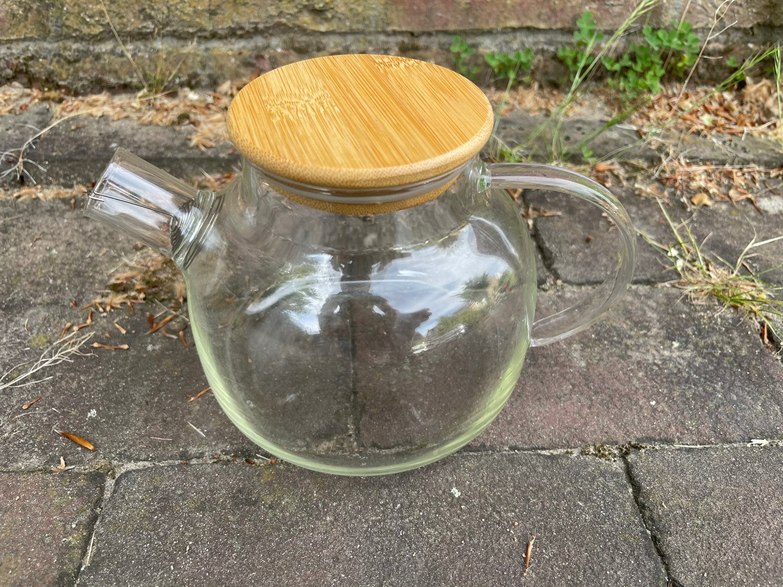 Mooie glazen theepot met bamboe deksel, Glas, Zo goed als nieuw, Overige merken, Ophalen