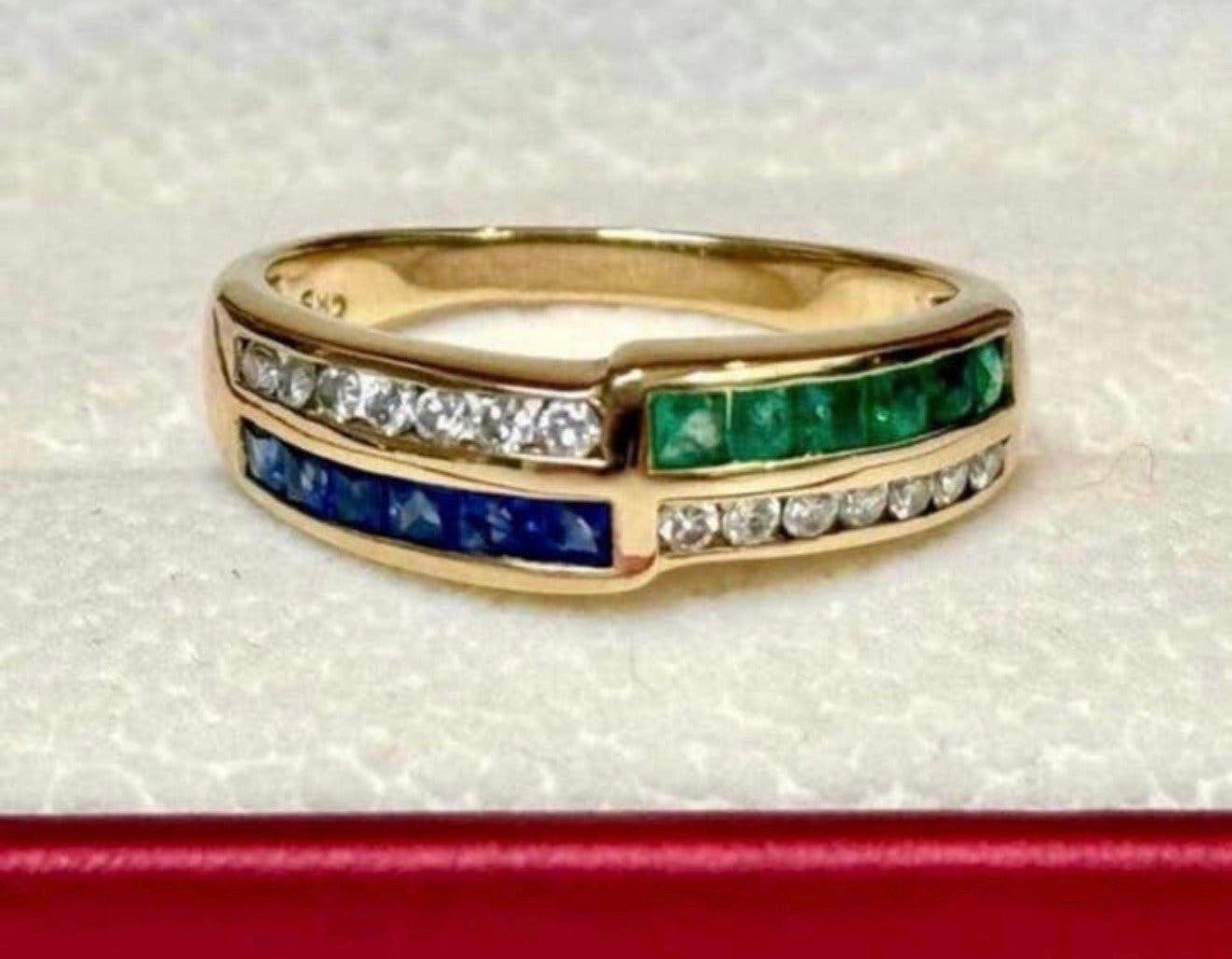 Geel gouden ring met natuurlijke diamant, saffier, smaragd!, 18 tot 19, Ophalen of Verzenden, Met edelsteen, Dame