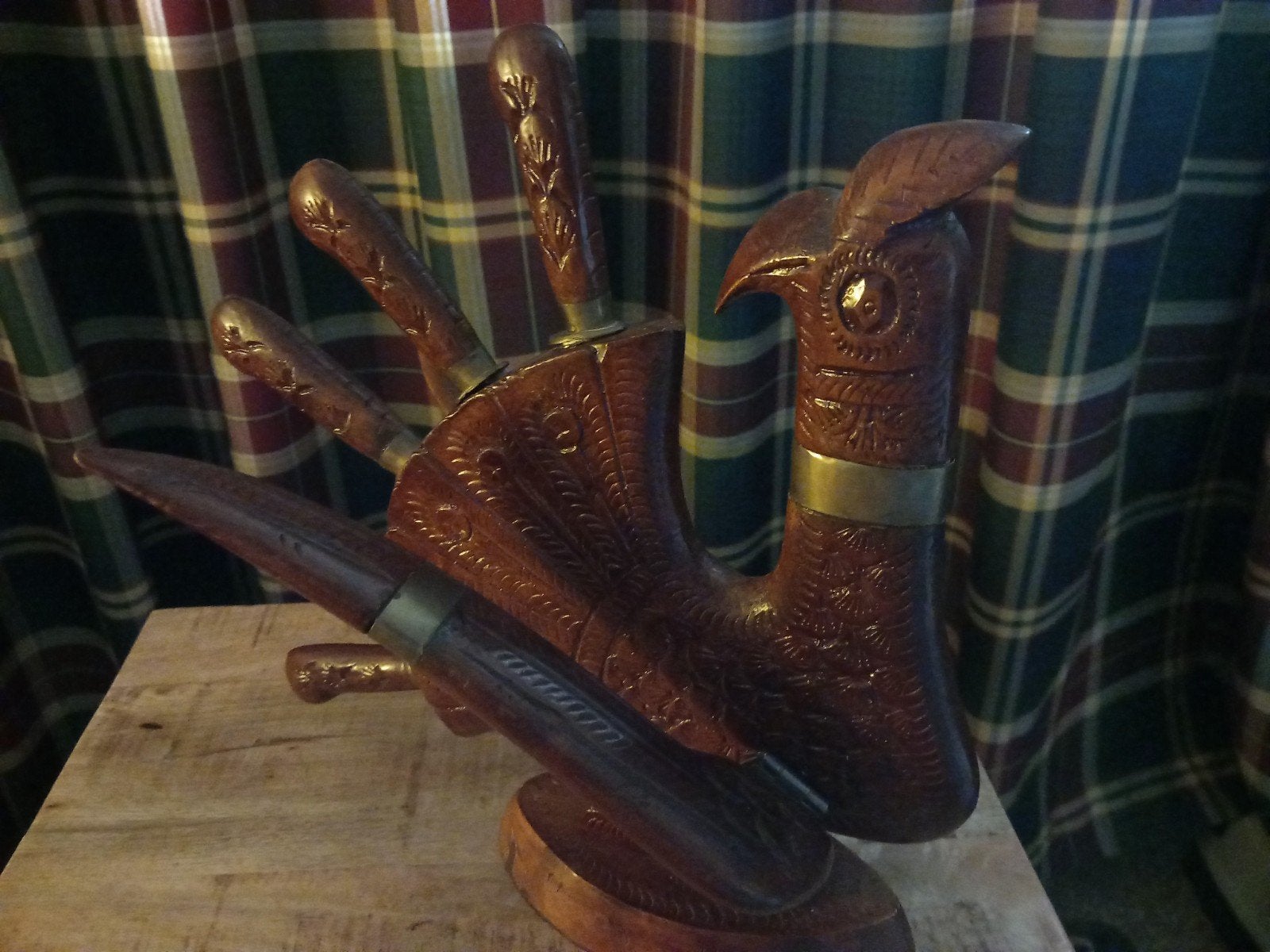 Vintage houten messen standaard met messen en vorken., Antiek en Kunst, Ophalen of Verzenden