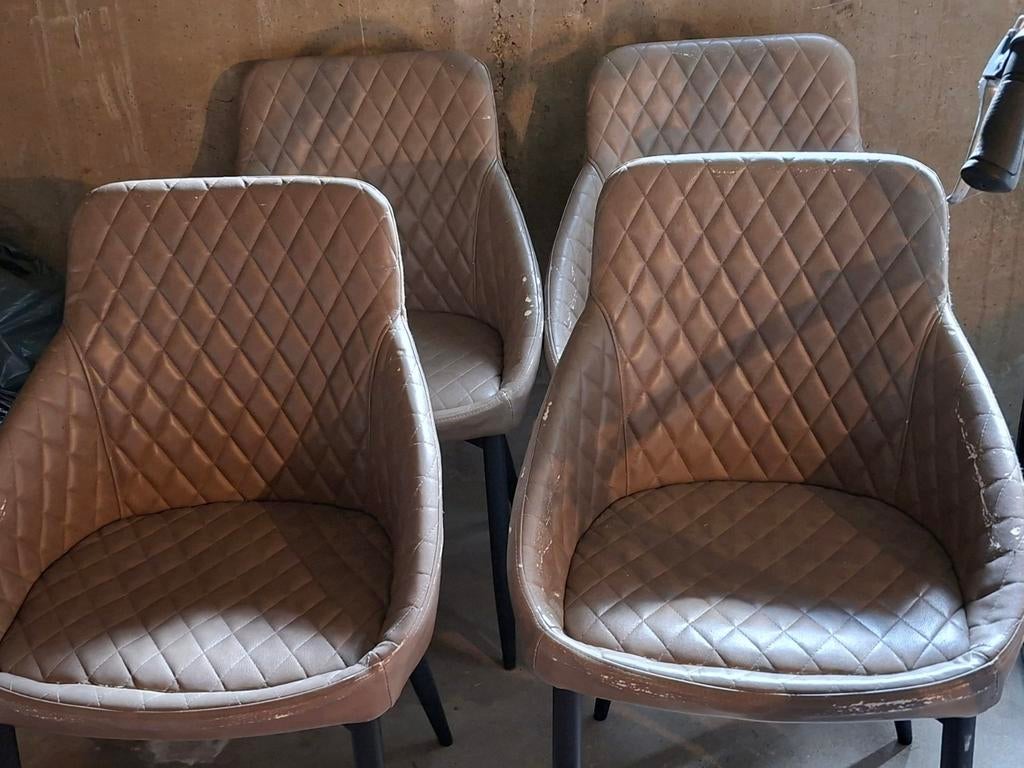 Set van 4 taupe eetkamerstoelen - beschadigd kunstleer, Overige materialen, Gebruikt, Overige kleuren, Ophalen of Verzenden
