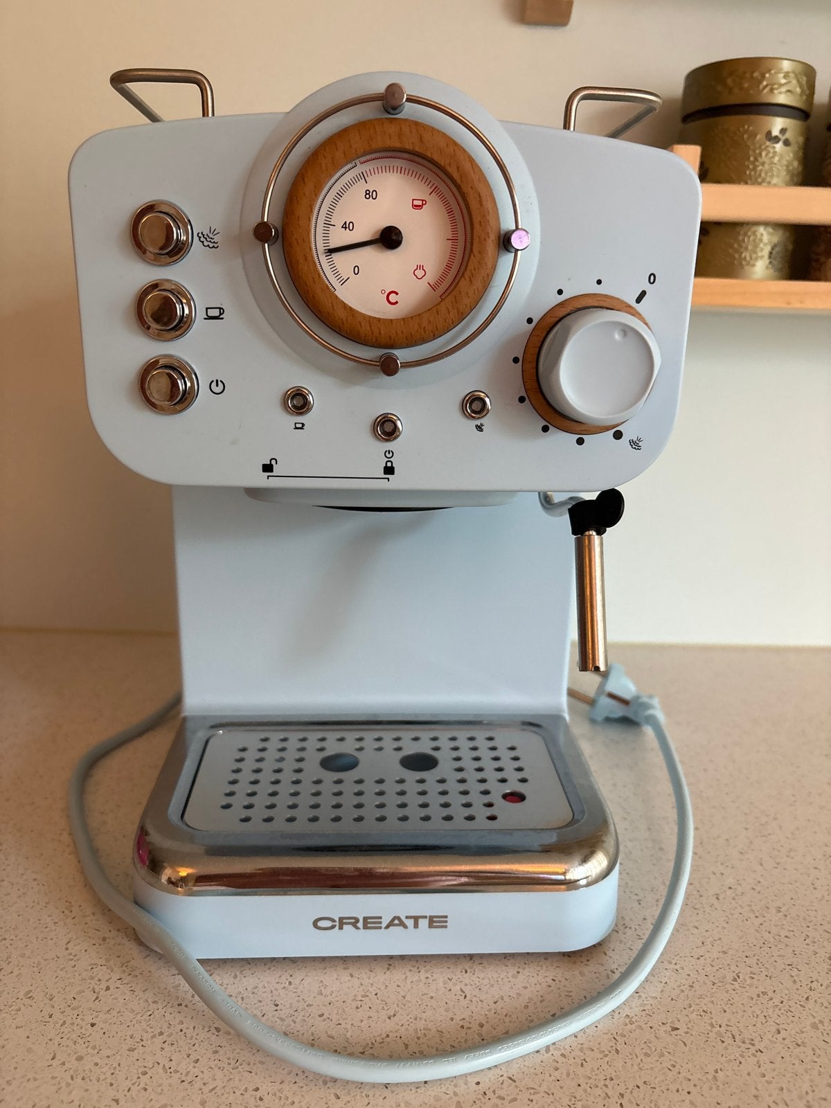 CREATE Espressomachine - Retro Stijl - Lichtblauw, Espresso apparaat, Gemalen koffie, Zo goed als nieuw, 1 kopje