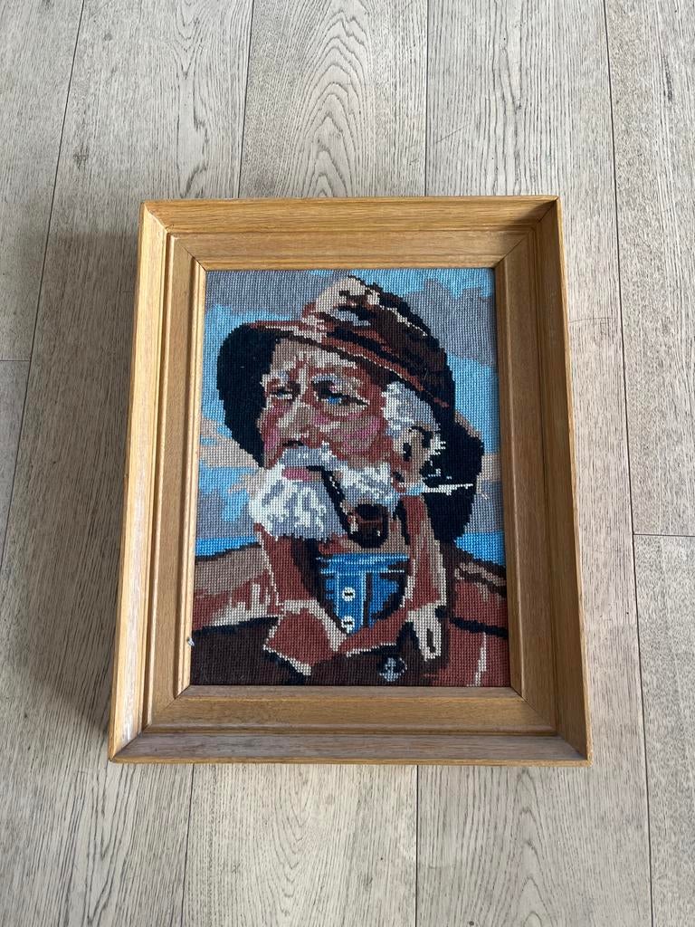 Geborduurd retro schilderij 'Man met pijp' in massieve lijst, Ophalen of Verzenden