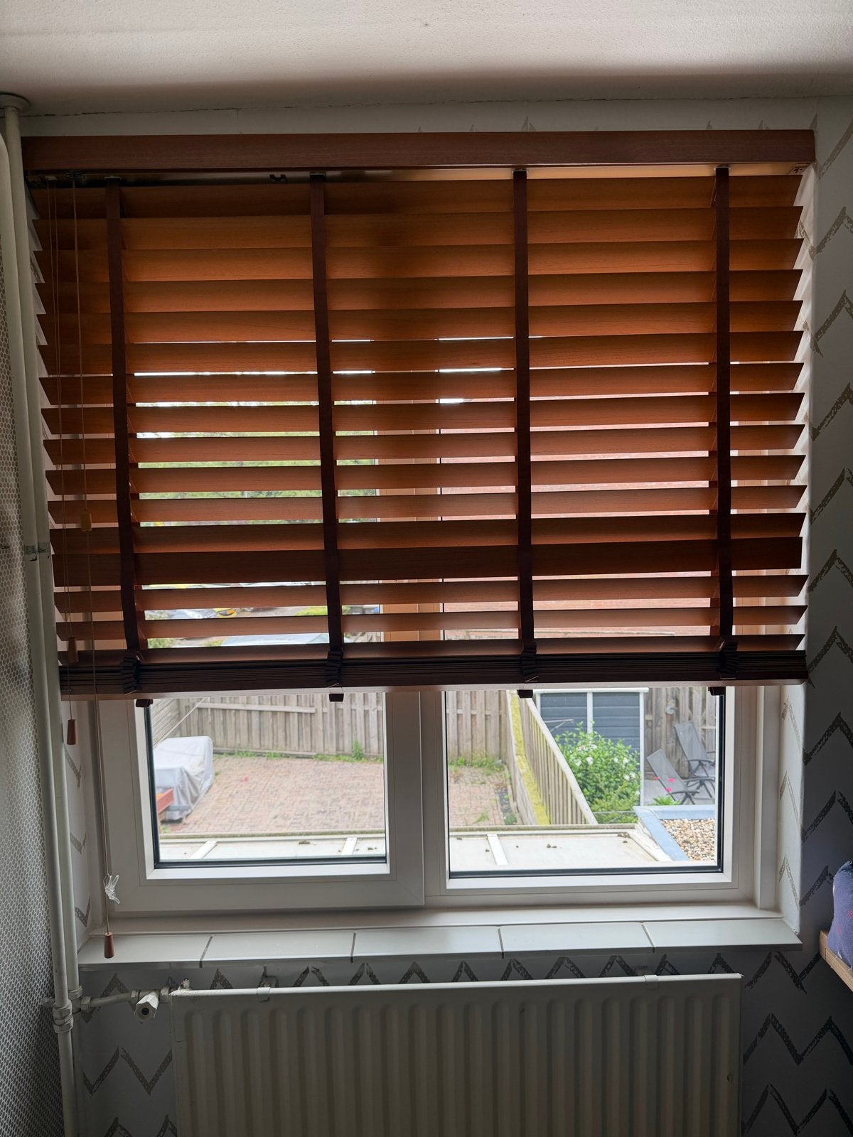 Veneta Harmony Houten jaloezie Deco met ladderband 63mm, Ophalen, Jaloezie, Overige merken, Bruin