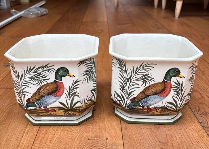 2 Keramieken Vierkante Bloempotten met Eendenprint - Italië, Overige materialen, Gebruikt, Minder dan 30 cm, Minder dan 60 cm