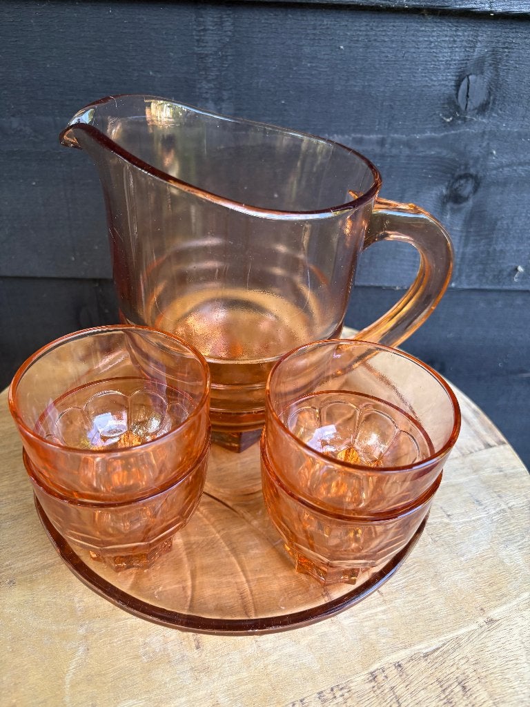 Art-Deco Limonade of Waterstel Vintage Roze., Antiek en Kunst, Antiek | Glas en Kristal, Ophalen of Verzenden