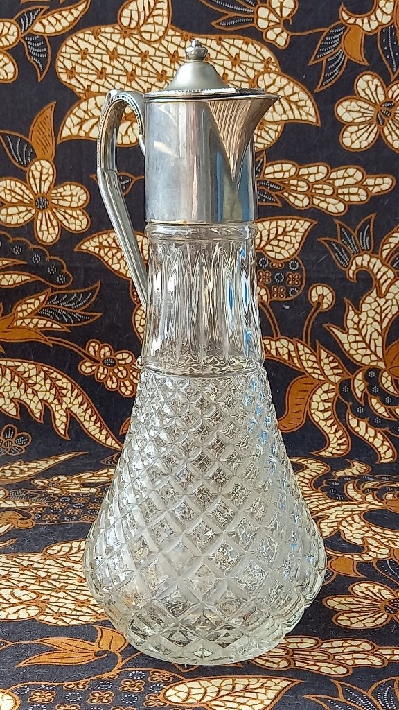 Mooie oude Engelse schenkkan van glas en silverplate 29,4 cm, Ophalen of Verzenden