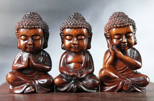 Set 3 hardhouten Boeddhistische Rulai Monniken uit Tibet., Overige onderwerpen, Minder dan 20 cm, Ophalen of Verzenden, Handgemaakt