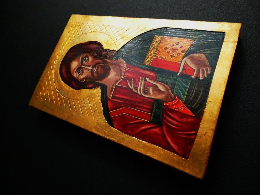 Icoon Jezus Christus Pantocrator handgeschilderd / bladgoud, Antiek en Kunst, Antiek | Religie, Ophalen of Verzenden