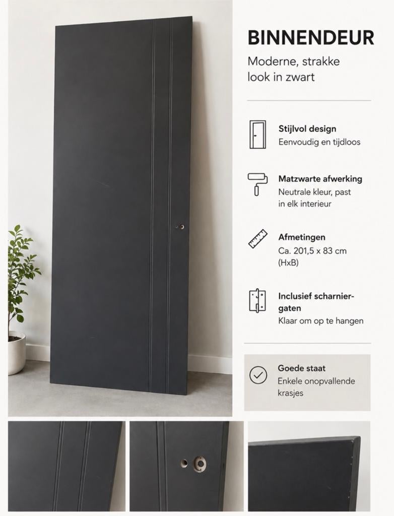 Berkvens Binnendeur - Modern Zwart - Nieuwbouw, Doe-het-zelf en Verbouw, Ophalen, 80 tot 100 cm, Binnendeur, Zo goed als nieuw