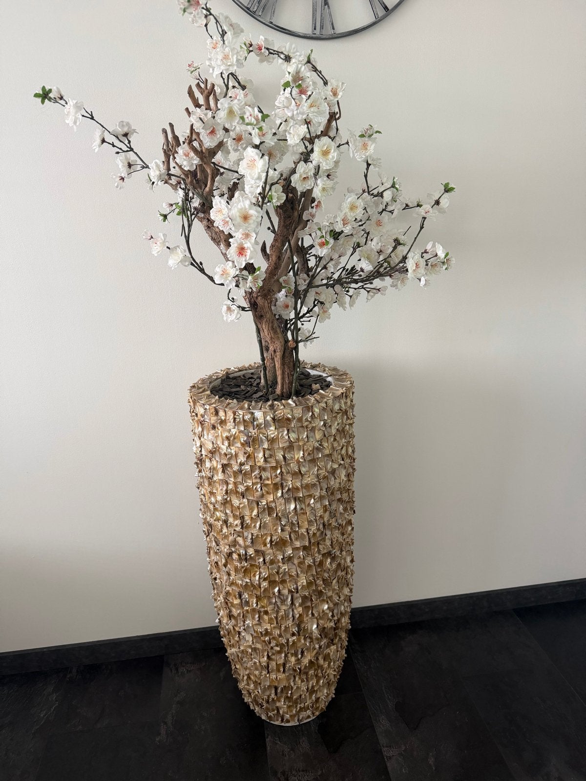 Grote vaas met kunstplant - 170cm hoog, Huis en Inrichting, Woonaccessoires | Vazen, Ophalen, Overige materialen, Beige, Inclusief decoratie