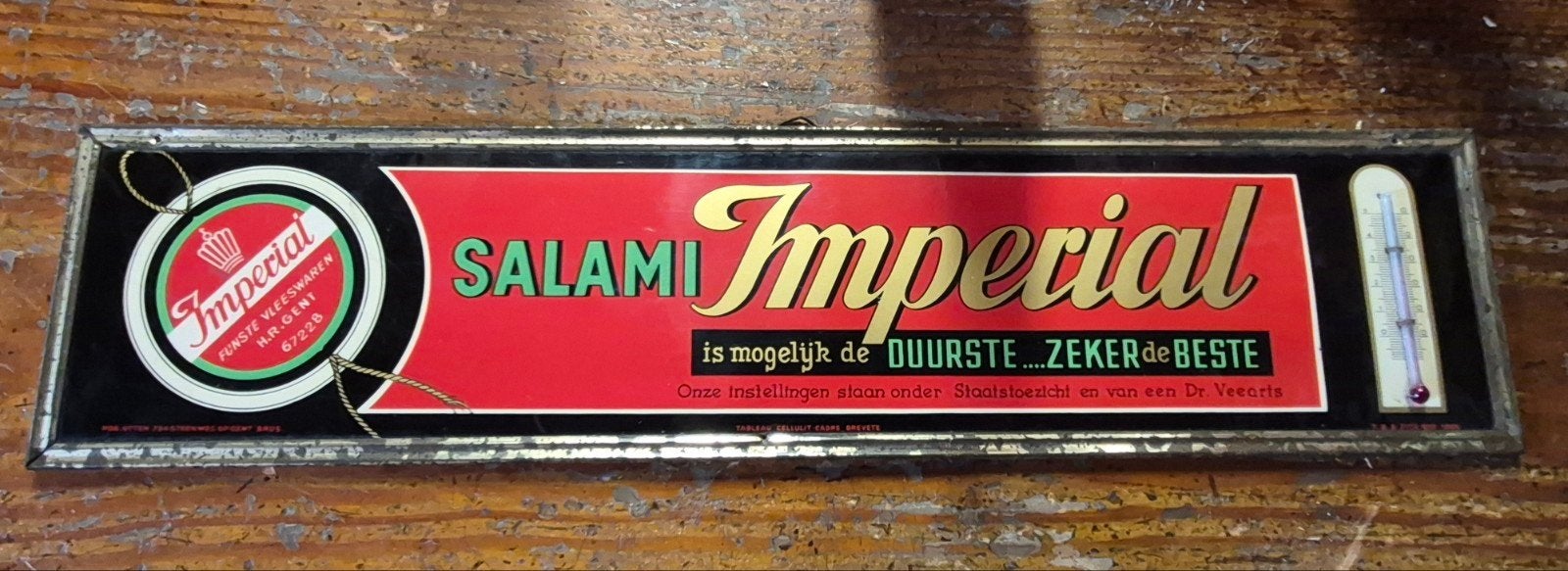 Vintage Salami Imperial reclamebord met thermometer (1955), Ophalen of Verzenden, Gebruikt, Reclamebord