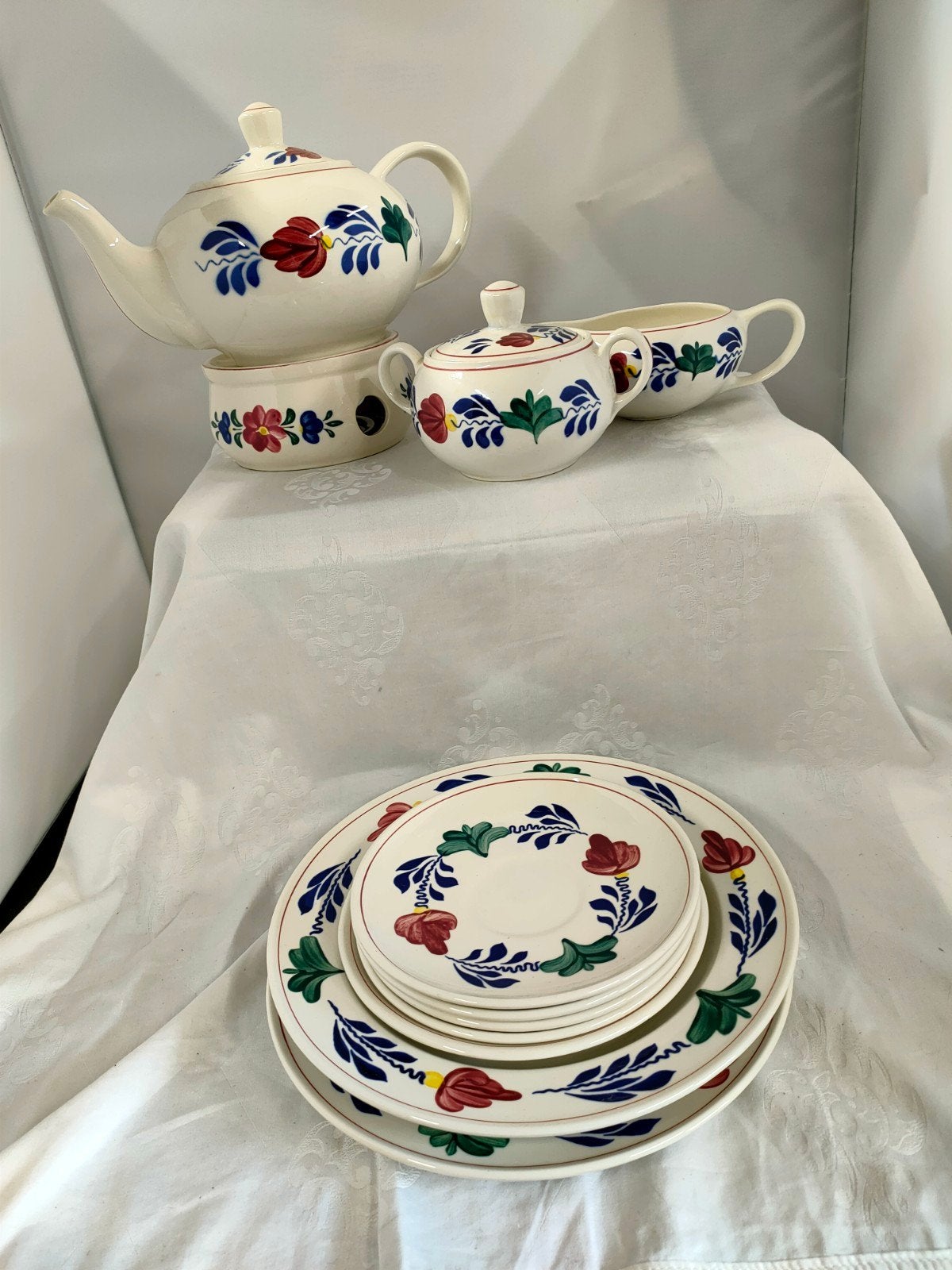 Royal Boch Boerenbont theepot, suikerpot, melkkan en bordjes, Ophalen of Verzenden