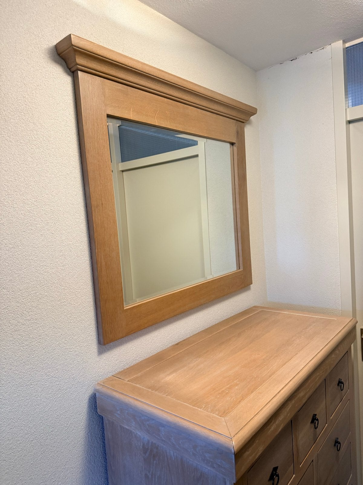 Eikenhouten ladekast met spiegel, Huis en Inrichting, Ophalen, 5 laden of meer, 100 tot 150 cm, Eikenhout