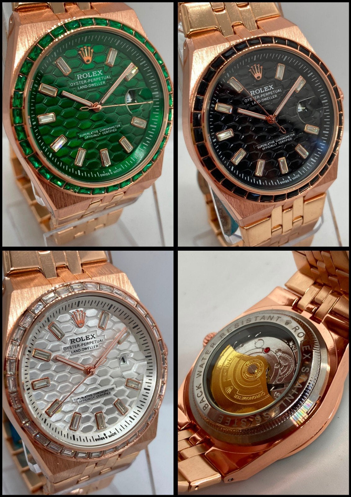 ROL LNDW rosé goud met emarald bezel, Overige merken, Staal, Staal, Polshorloge