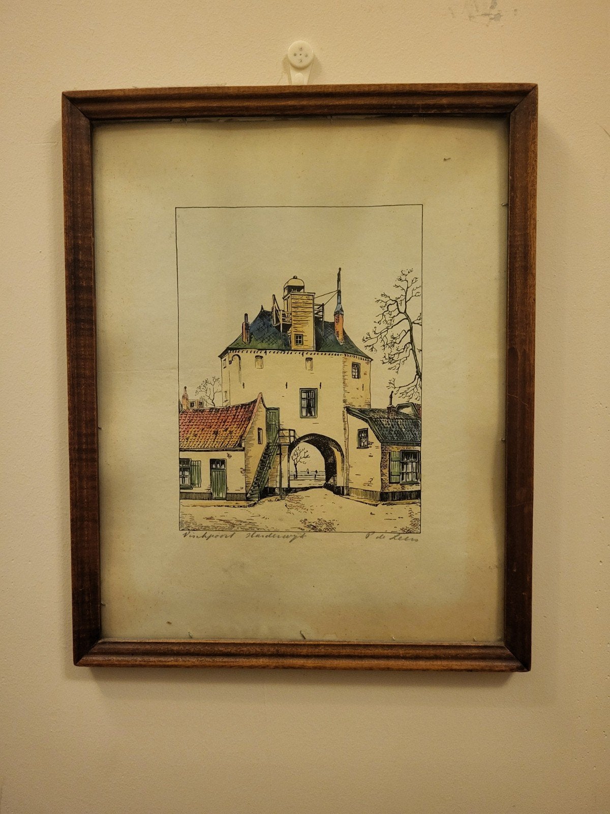 Oude vispoort Harderwijk, handgekleurde ets. 32x26cm., Ophalen, Ets, Stadsgezicht, Ingelijst