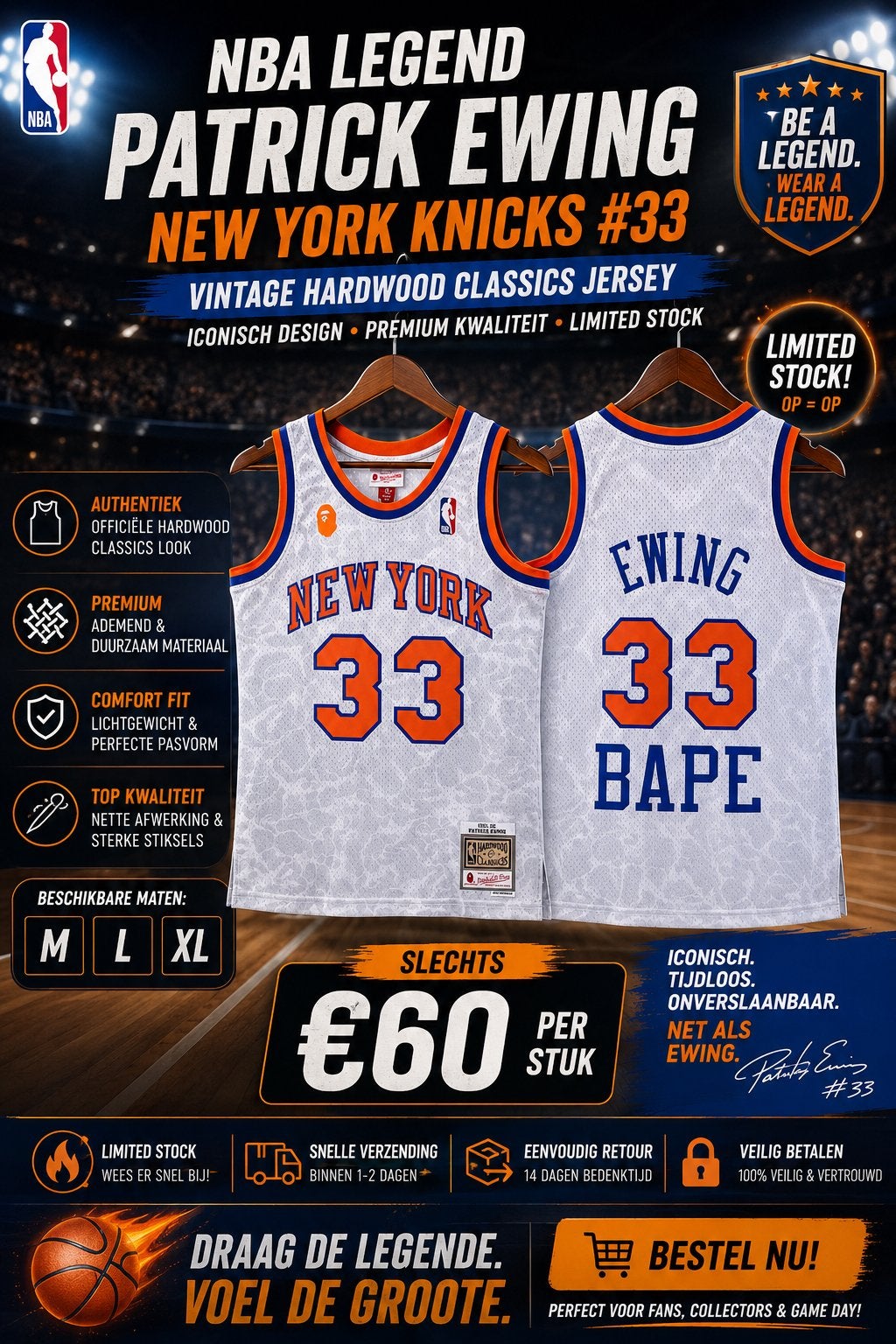 NBA Patrick Ewing New York Knicks #33 Vintage Jersey, Ophalen of Verzenden, Nieuw, Maat 48/50 (M), Wit