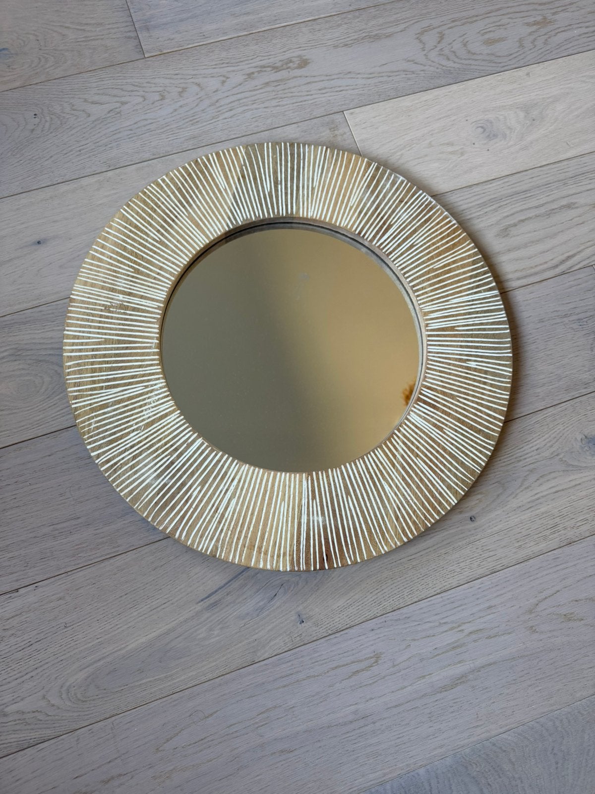 Ronde houten spiegel – 50 cm – naturel / boho, Huis en Inrichting, Ophalen, Minder dan 50 cm, Rond, Zo goed als nieuw