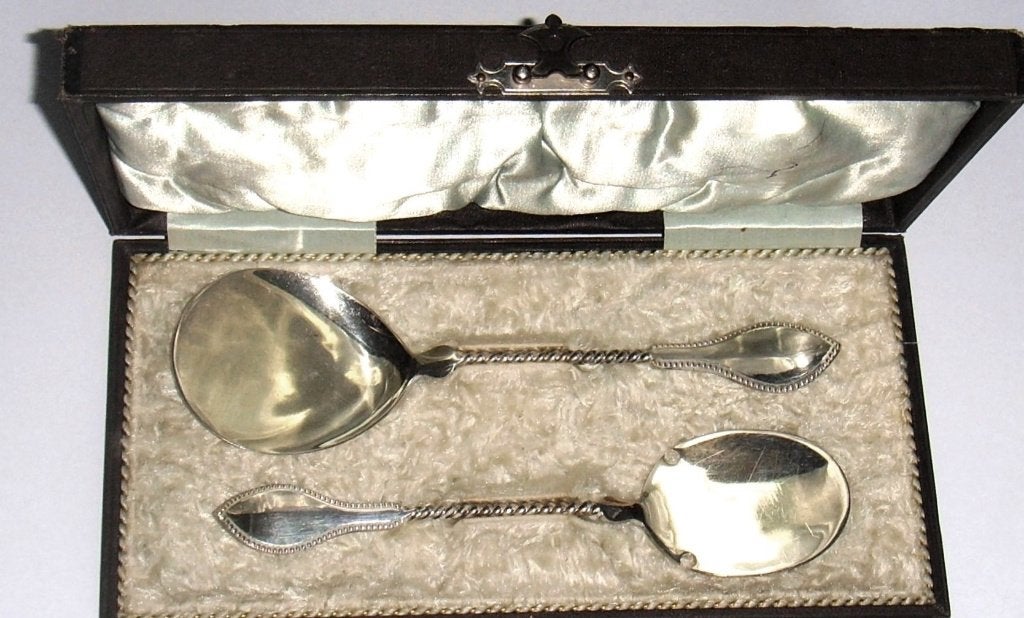 Antiek set zilveren pasteischep en petitfour schep etui 1896, Antiek en Kunst, Antiek | Goud en Zilver, Ophalen of Verzenden, Zilver