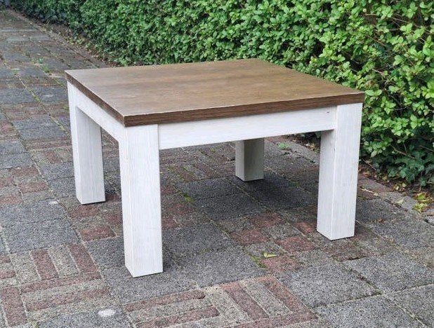 Salontafel met houten blad en witte poten, Ophalen, Gebruikt, 50 tot 100 cm, Vierkant