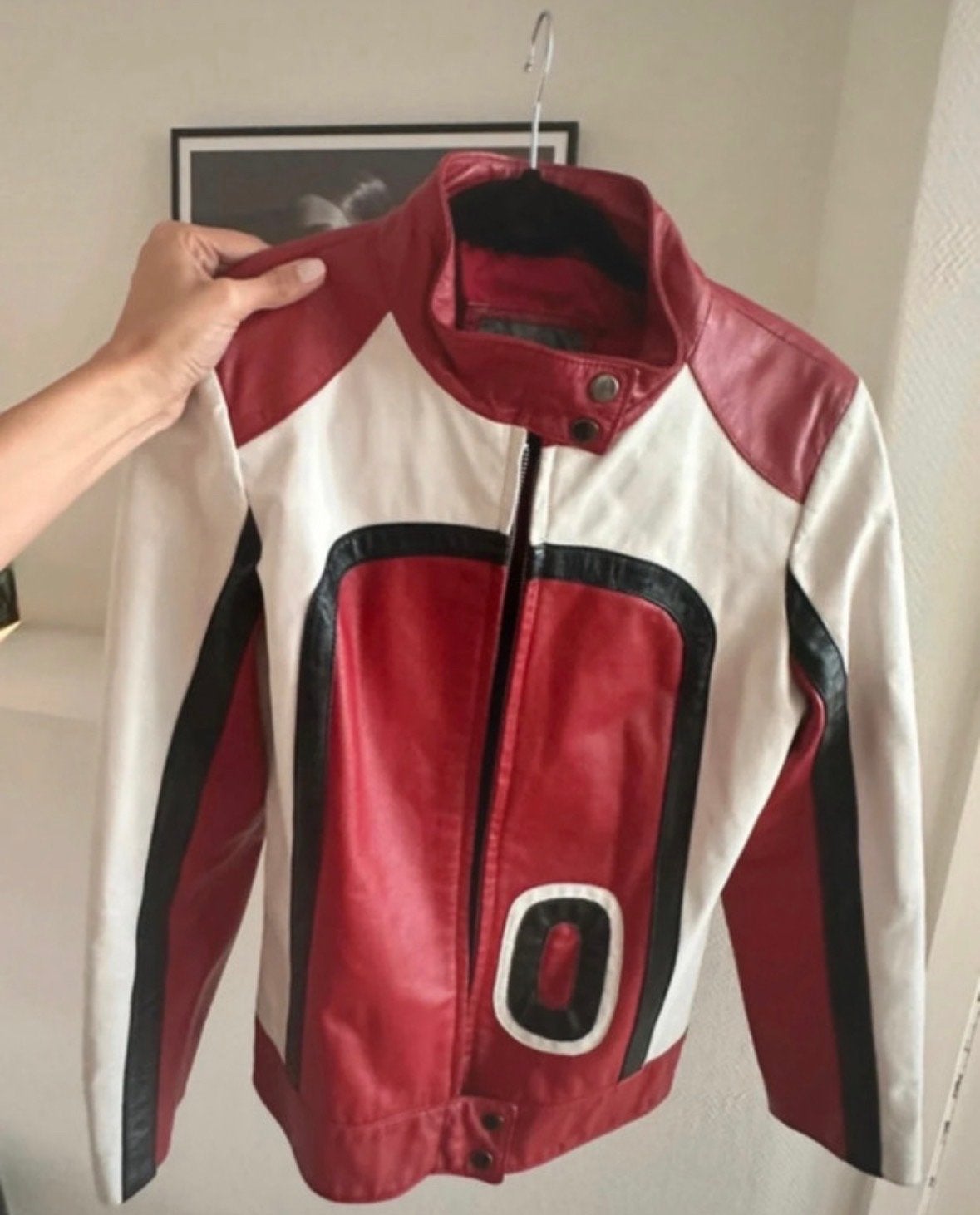 Vintage leren motorjas rood wit zwart, Ophalen of Verzenden, Gedragen, Maat 38/40 (M), Rood