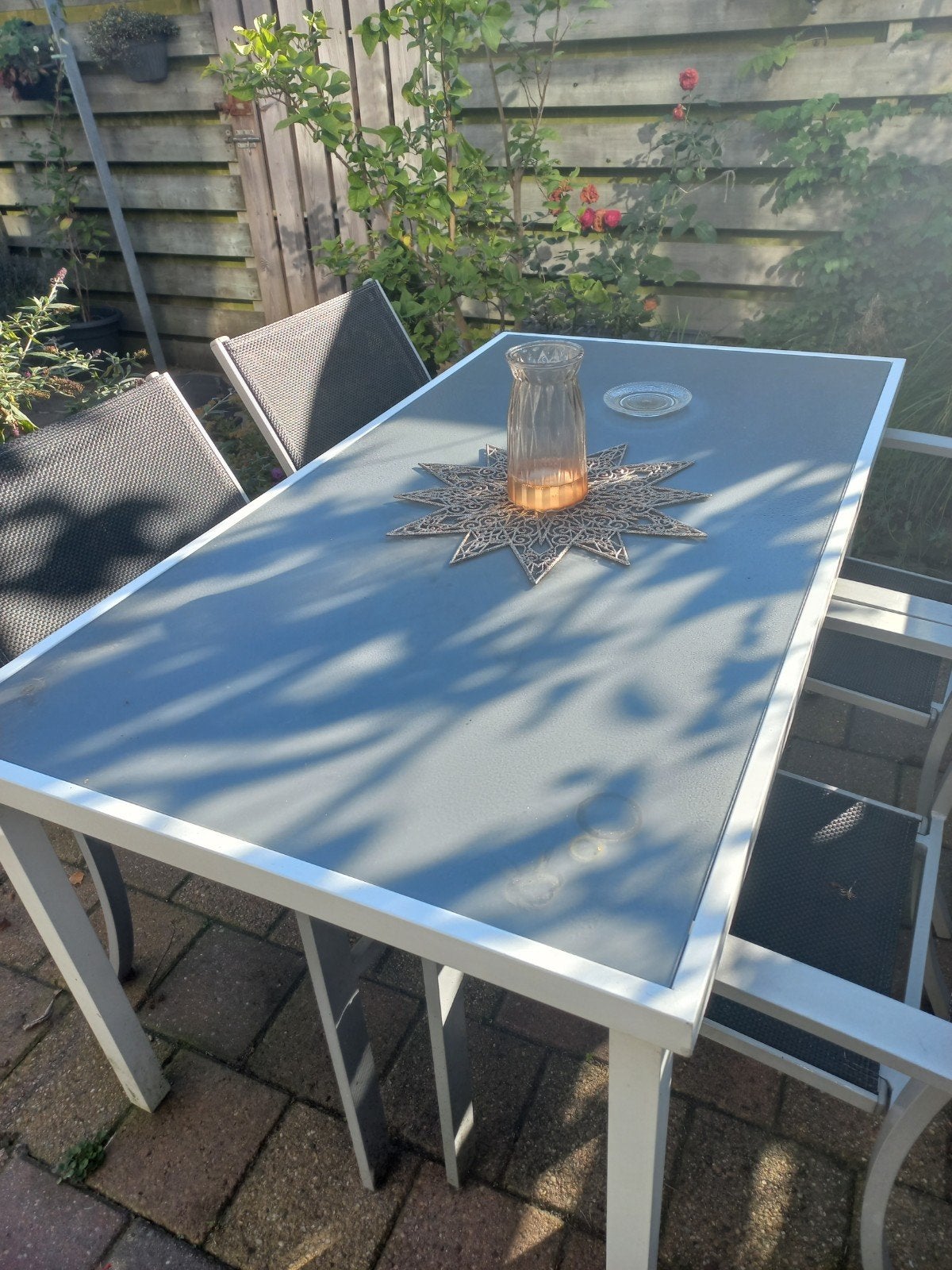 zsm ophalen tuintafel met glasplaat en 4 stoelen, Ophalen, Gebruikt, Rechthoekig, Aluminium